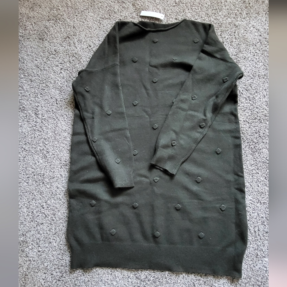Dark Green Sweater Dress with Textured Dots